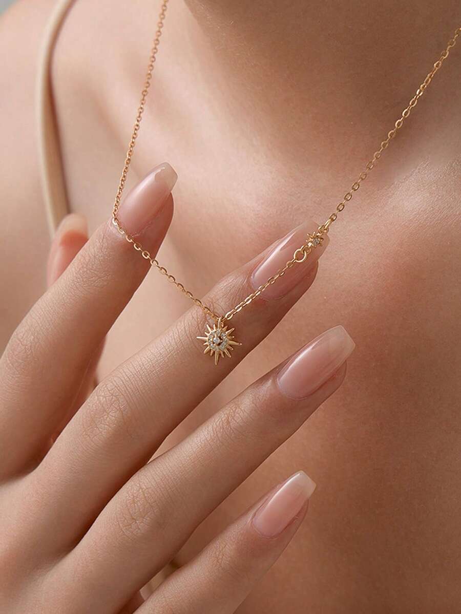 1 件极简主义奢华日月星向日葵锆石吊坠项链、锁骨链、度假、求婚、礼物 - 金色 - 查看 1