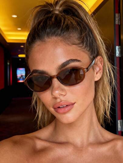 1 Pair Brown Oval Fashion Glasses, Suitable For Sports, Outdoor Travel, Driving, Camping, Daily Life, Street Photography, Dating, Autumn/Winter Business Casual, Summer Beach Vacation, Outdoor Activities, Travel Gift