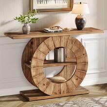 LITTLE TREE 41" Solid Wood Console Table With Storage, Farmhouse Sofa Table With 3-Tier Shelves & Carved Circle Base For Living Room, Hallway, Foyer - 棕色 - 查看 12