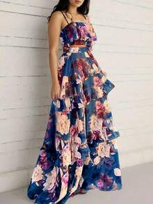 女士春夏波西米亚风沙滩度假印花吊带背心搭配松紧腰长裙两件套，荷叶边吊带背心和长裙波西米亚休闲套装，沙滩裙 - 中等水洗藍 - 查看 8