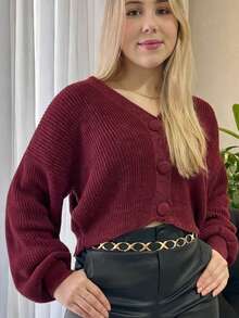 Women's Short Knit Coat With Buttons - Elegant Autumn/Winter Jacket - 酒紅色 - 查看 2