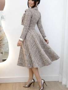 Two-Piece Set: Midi Dress + Bolero In Elegant Women's Tweed Check With Buttons, Ideal For Work, Church, Social Events, And Sophisticated Dinners. - 鏽棕色 - 查看 1