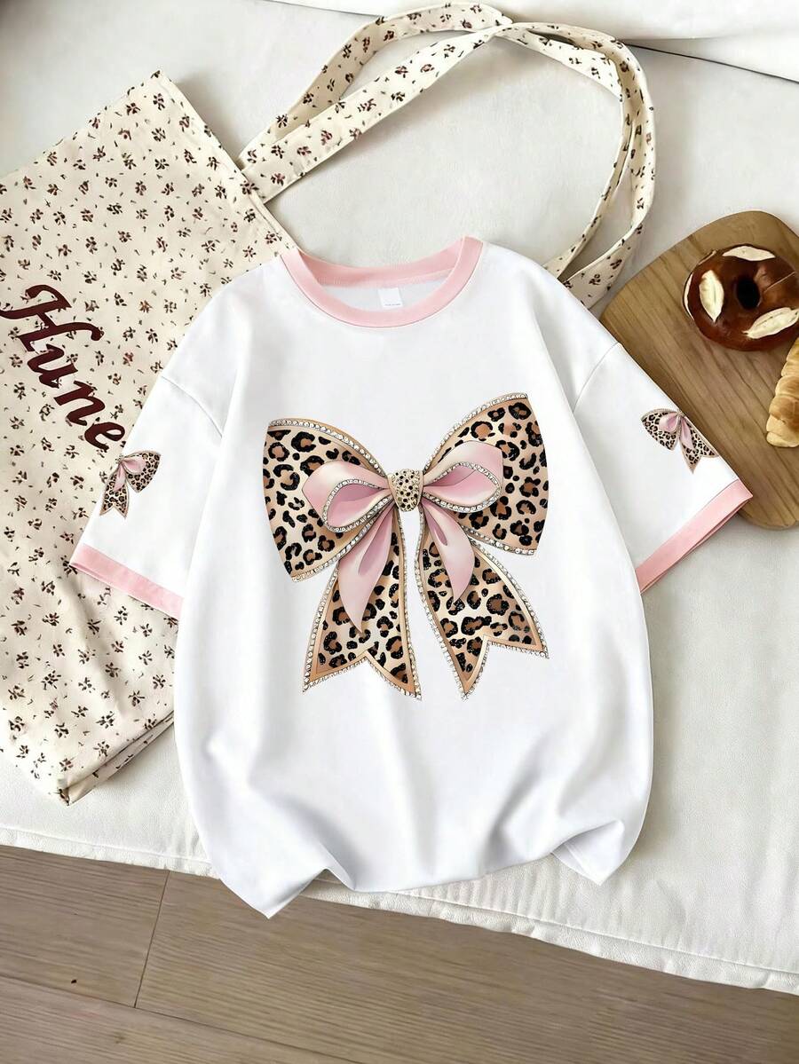Tween Girl Casual Round Neck Leopard Print Bow Design Short Sleeve T-Shirt, New Spring/Summer Fashion - White - View 1