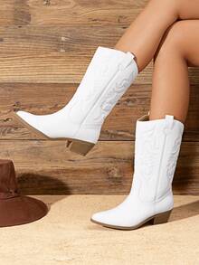Women's Cowboy Boots Pointed Toe Pull On Cowgirl Boots Wide Calf Chunky Low Heel Embroidery Comfortable Western Boots Outfit For Ladies Spring Summer - trắng - Xem 9