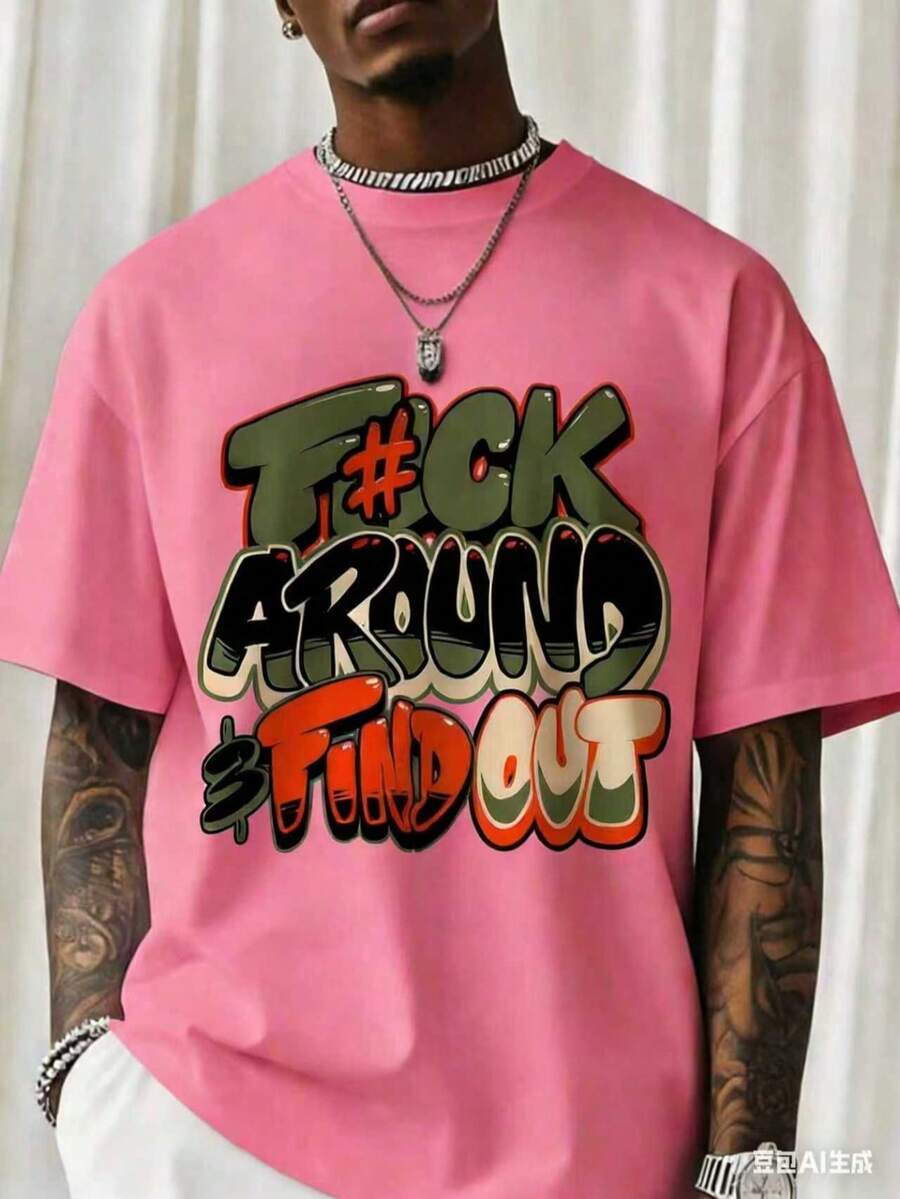 "F@K AROUND & FIND OUT" Graphic T-Shirt - 180g Heavy Cotton Crew Neck T-Shirt With Bold Orange And Green Graffiti Print, Breathable Short Sleeve Shirt For Summer, Casual Streetwear And Outdoor Activities, Everyday Wear Shirt Street Fashion Comfortable Fit, Everyday Wear, Match With Shorts, Outdoor Sports, Golf, Fishing Activities, Sports Shirt, Great Gift, Graphic T-Shirt, T-Shirt-White And Navy Off-The-Shoulder Cropped Top - 粉色 - 查看 1