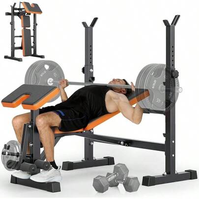 1 6-In-1 Foldable Home Gym Weight For Bench | Multifunction Workout For Bench With Squat Rack For Bench Press, Leg Curl, Sit Up | All-In-One Fitness Set, Aluminum Alloy, Transparent Orange, Without Battery