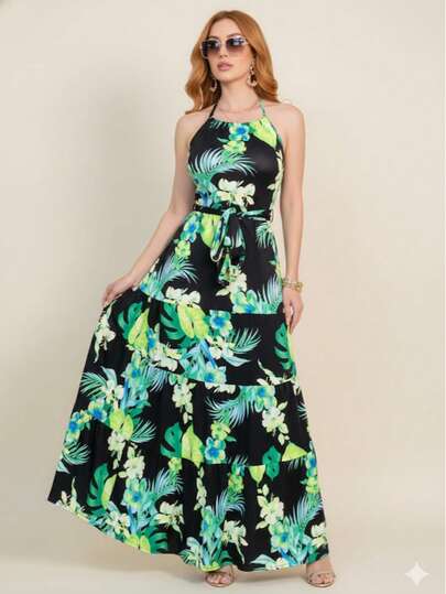 Vestido Maxi Halter con Estampado Tropical y Abstracto - Elegancia para Galas de Verano, Bodas en Playa y Fiestas al Aire Libre