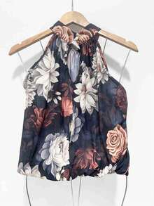 Stylish Women's Floral High Neck Blouse - 藏蓝色 - 查看 3