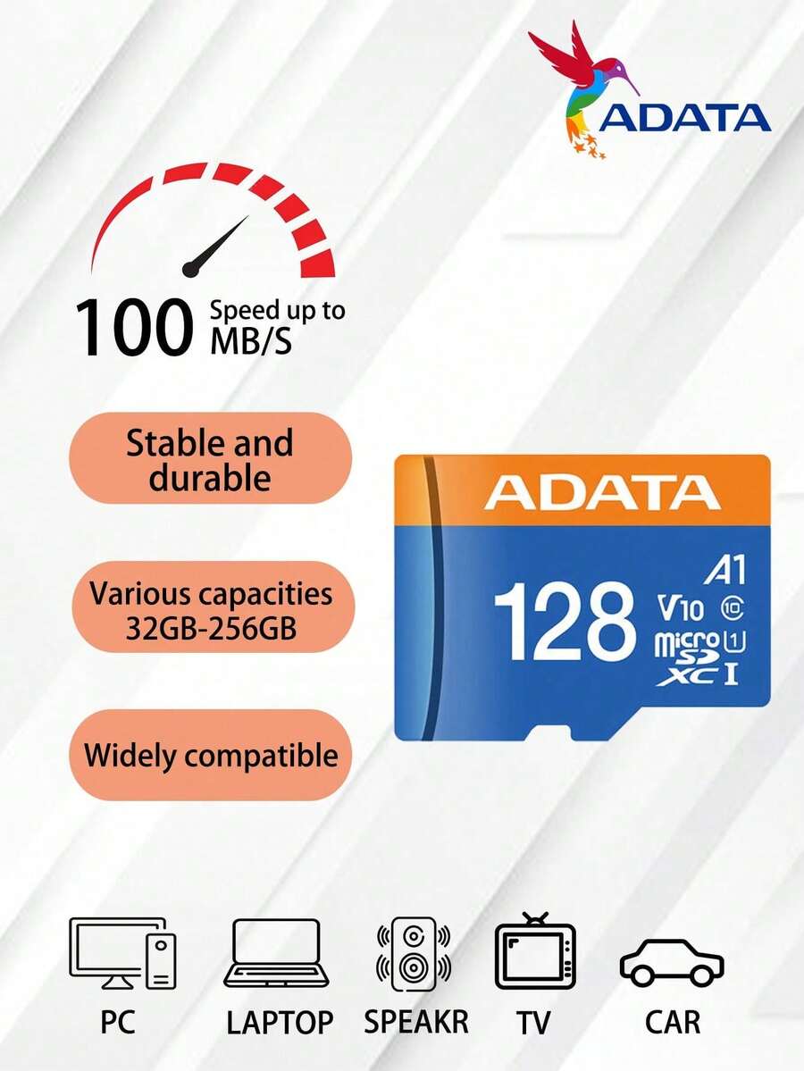 ADATA 32GB 64GB 128GB 高速 Micro SD 卡 AUSDX64GUICL10A1 版本，A1 C10 V10，100MB/s，适用于智能手机、行车记录仪、监控设备 - 查看 1
