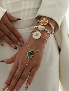 Set de 4 piezas de pulseras apilables, pulsera de dedo con cristal verde ojo del diablo - Multicolor - Ver 5