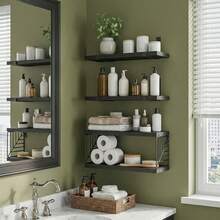 Tomnk 3+1 层浴室浮动搁板，位于马桶上方，15.8 英寸农舍乡村风格木质搁板，适用于浴室、客厅、卧室和厨房的墙壁装饰，家居浴室装饰浴室收纳盒，夏季返校季 - 彩色 - 查看 5