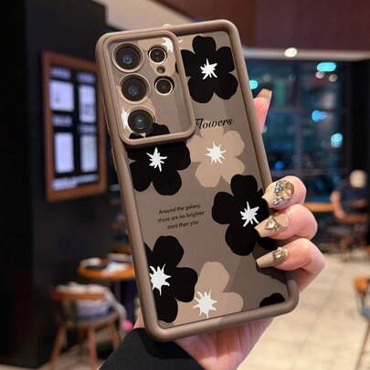 1个黑色和棕色花卉图案印花手机壳，带摄像头孔设计，防震加厚咖啡棕色手机壳，适用于安卓Galaxy A55/A15/S21、S22、S23 FE、S24 Plus、25 Ultra、SMART 8 Pro、荣耀、一加等手机，国际版，非国内版