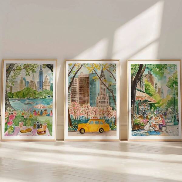 3pcs New York City Landscape Painting, New York City Wall Decor, New York City Wall Art, New York Landmark, New York Travel Scenery Painting, New York Poster, Central Park Art, Suitable For Home Decor, Room Decor, Bedroom Decor, Living Room Decor, Bathroom Decor, Wall Decor, Available With Frames