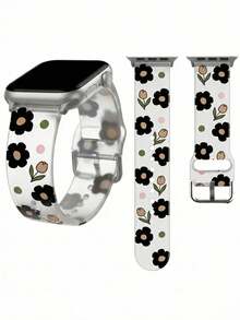 Bracelet de montre en silicone pour femme, style décontracté et jeune, compatible avec Apple Watch (38 mm, 40 mm, 41 mm, 42 mm, 44 mm, 45 mm, 46 mm et 49 mm). Base transparente ornée de fleurs multicolores. Bracelet de rechange pour montre connectée, idéal pour un usage quotidien et les activités de plein air. Un cadeau parfait pour vos proches. - Noir et Blanc - Voir 2