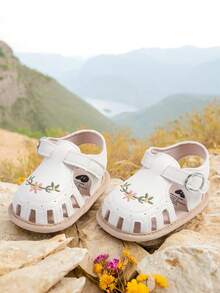 婴儿幼儿女童PU皮软底露趾夏季凉鞋公主平底鞋婴儿白色、粉色、黑色、棕色刺绣凉鞋 - 白色 - 查看 5