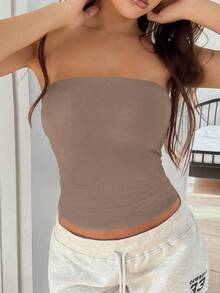 Vaiaye Women's Seamless Strapless Solid Color Elastic Fitted Camisole, Fashionable Strapless Basic Tank Top For Spring & Summer - Khaki - View 2