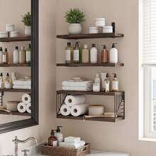 Tomnk 3+1 Tier Bathroom Floating Shelves Over Toilet, 15.8in Farmhouse Rustic Wood Shelves, Wall Decor For Bathroom, Living Room,Bedroom And Kitchen - 彩色 - 查看 3