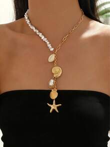 1件优雅精致仿珍珠项链，Y形金色海星贝壳巴洛克风格仿珍珠吊坠，适合女性夏季、海滩、度假、休闲、派对、舞会等场合佩戴。 - 彩色 - 查看 1