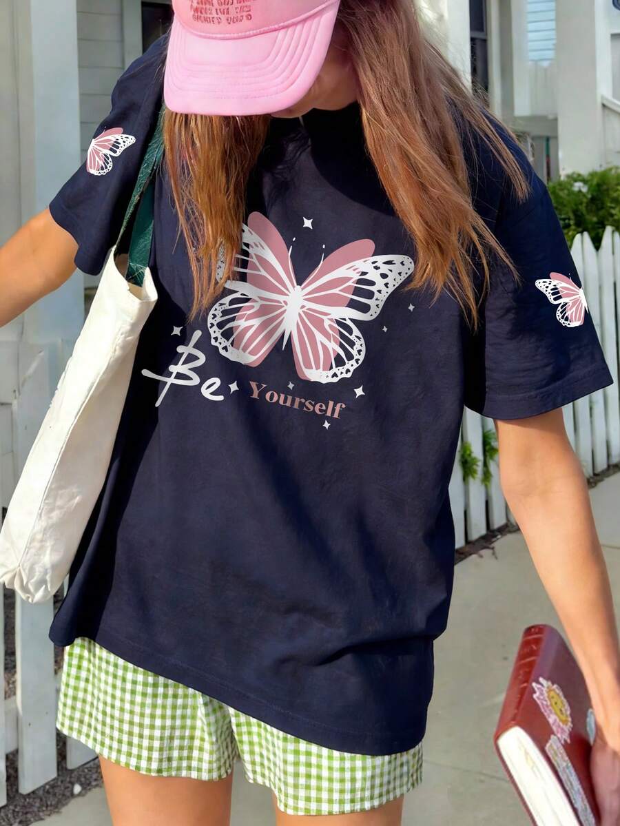 1pc Girls Casual Butterfly Print Round Neck Short Sleeve T-Shirt, Summer Student Young Children Clothing - Navy Blue - View 1