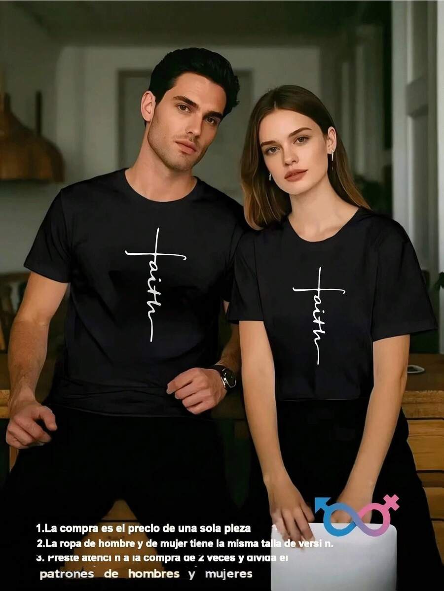 Camiseta de cuello redondo para parejas, moda informal de algodón suave, manga corta, para hombres y mujeres, divertida ropa temática para parejas, fiesta, cumpleaños, reunión de amigos, ropa - Negro - Ver 1