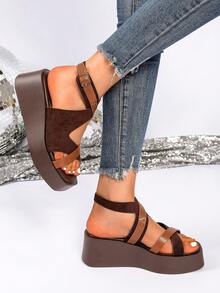 Women's Cross Strap Platform Wedge Sandals With Ankle Buckle - COFFEE - View 4
