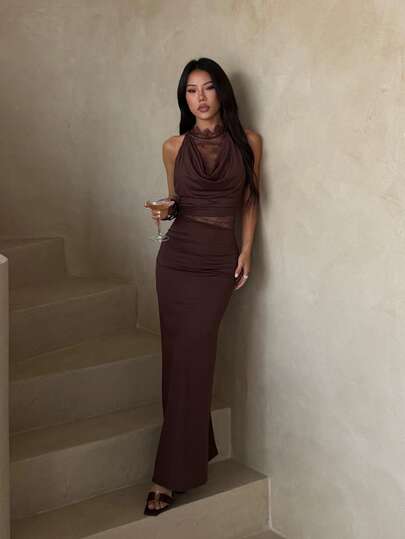 1pc Elegant Solid Color Knit Fabric Backless Draped Lace Patchwork Fitted Dress, Suitable For Party, Vacation, Beach, Date, Valentine's Day, Wedding