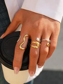Frminee 3 piezas/1 pieza Anillos apilables de acero inoxidable grueso para mujeres, anillos de nudillo abiertos exagerados chapados en oro de 18K - Color mezclado oro y plata - Ver 5