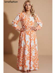 Maxi Vestido Largo Estampado para Mujer con Cuello cruzado , con Mangas, Resorte en la Cintura y Diseño con Olanes y Fajo – Hecho de Tela CEY Fresca, Suave y Elegante, Perfecto para Ocasiones Especiales, Fiestas, Bodas, Eventos de Verano y Salidas Nocturnas. Con un Estilo Sofisticado y Moderno para Mujeres Jóvenes y Adultas que Buscan Confort, Elegancia y Estilo, Este Vestido Resalta tu Silueta con el Ajuste Cómodo del Resorte en la Cintura. Ideal para Combinación con Tacones y Accesorios Elegantes, Este Diseño Atemporal se Adapta a Diversos Estilos y Te Hace Lucir Elegante en Cualquier Evento Formal o Informal. Disfruta de la Frescura y Confort que Te Brinda la Tela London, Con un Corte Elegante que Hace de Este Vestido la Elección Perfecta para M Bajo con volante Envolvente Cinturón - Naranja - Ver 4