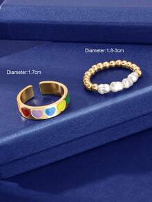 2 Pcs Dainty Faux Pearl Beads Elastic And Heart Pattern Gold Finger Rings Party Daily Holiday Accessories Jewelry - Multicolor - View 4