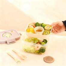 双层透明塑料便当盒，带酱料碟和餐具，密封防漏，可盛放水果沙拉等食物，可重复使用，适合学生和成人用于学校、办公室、旅行、露营、野餐和返校等场合。 - 彩色 - 查看 9