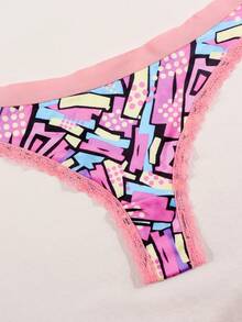 Dircho 3pcs Women's Fashion Neon Abstract Print Thong Set, Flexible Skin-Friendly Underwear Ideal For Creating A Stylish And Playful Daily Look - Multicolor - View 9