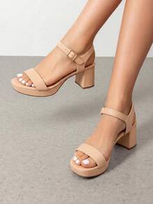 Women Comfortable Chunky Low Heeled Sandals Open Toe Buckle Decor Ankle Strap Heeled Sandals For Daily Wearing Wedding Party Prom - 裸色/牛巴革 - 查看 2