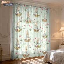 2片装复活节主题窗帘（双面）：彩色可爱兔子、复活节彩蛋、花朵图案印花遮光窗帘 - 适用于客厅和卧室，采用涤纶面料制成，可机洗，家居装饰，充满春天的活力和浪漫的氛围。 - 1825+90DCL - 查看 10