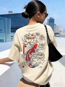 女士休闲圆领字母印花短袖T恤，夏季学生青年装 - 简约英文图案T恤激发想象力和自我表达 - 米色 - 查看 4