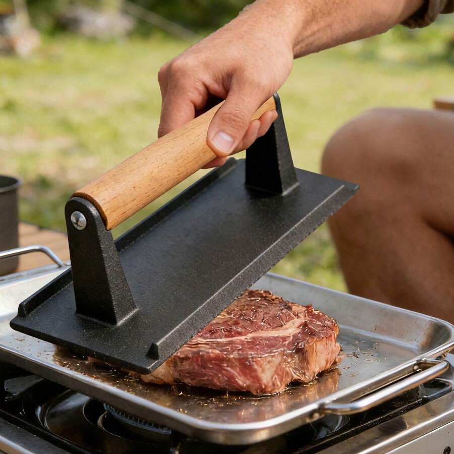 RibasuBB Cast Iron Meat Press With Log Handle, 8.27 X 4.13 Inch BBQ Grill Press For Even Cooking, Ribbed Design For Paninis, Steaks, And Burgers - Black - View 1