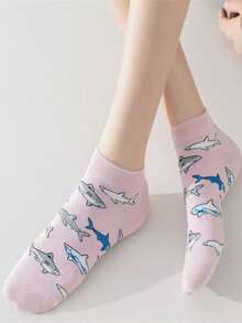 5双装男女通用春秋季卡通鲨鱼印花短袜，透气低帮踝袜 - 彩色 - 查看 3