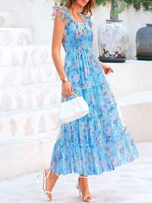 Women's Summer Mid-Length Dress Casual Sleeveless Pleats Ruffled Tulle Flowing New Year Party Wedding Guest Sundress - 藍底黃花色 - 查看 1