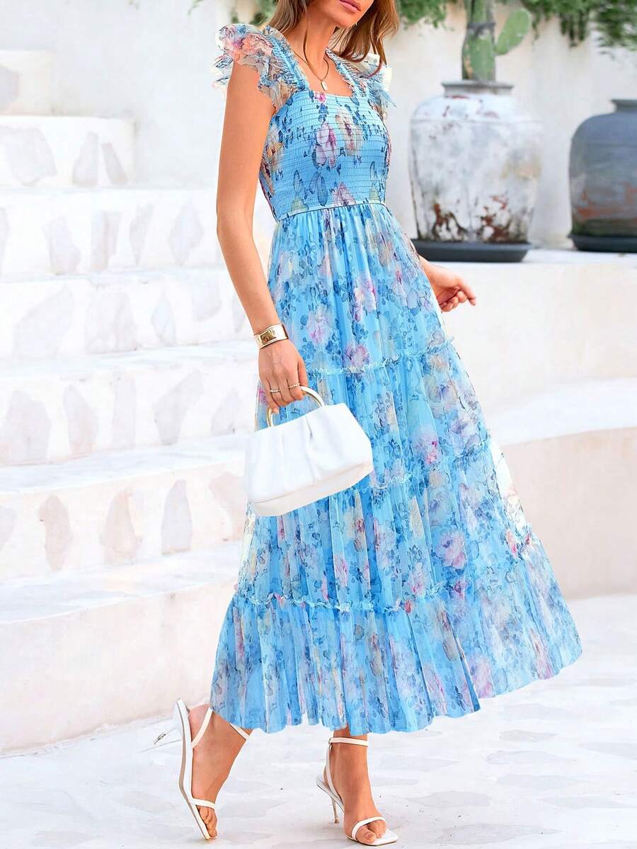 Women's Summer Mid-Length Dress Casual Sleeveless Pleats Ruffled Tulle Flowing New Year Party Wedding Guest Sundress - 藍底黃花色 - 查看 1