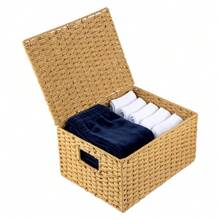 Natural Paper Rope Storage Baskets Set With Lids Woven Hamper & Organiser Box For Home Office Shelves Rustic Decorative Storage Baskets Portable Storage Baskets With Handles - Wood Color - View 8