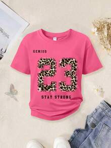 2pcs Tween Girl Casual Summer Set, Digit Print Simple T-Shirt And Leopard Print Leggings, Suitable For Spring/Summer, Back To School, Outdoor/Home/Travel Outfit - Hot Pink - View 5