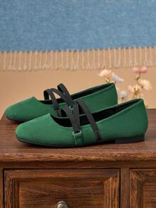 女士时尚方头低帮绿色鞋，休闲办公百搭鞋，户外休闲高端优雅平底玛丽珍芭蕾舞鞋，夏季 - 綠色 - 查看 4