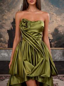 Strapless Sexy Women's Party Dress With Ruffle Hem And Flared Skirt, Suitable For Party Occasions Wedding - Olive Green - View 3