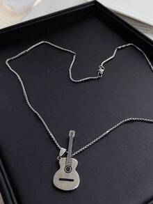 1pc Men's Guitar Pendant Necklace, Titanium Steel Chain, Creative Music Gift Accessory - View 2