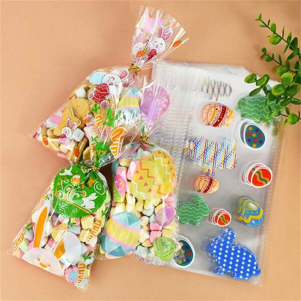 50Pcs Happy Easter Plastic Bag Transparent Cute Rabbit Bunny Egg Candy Gift Packaging Bags Easter Party Favors Decoration