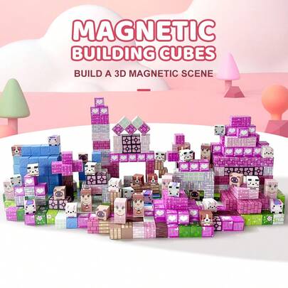 ZHENFINITY 100PCS STEM Magnetic Building Blocks | Pink Forest Park Theme | DIY 3D House, Trees & Character Cubes | Creative Construction Toy For Imaginative Play | Educational Gift For Kids | Birthday & Christmas Present