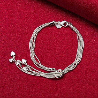 925 Sterling Silver Plated Five Solid Heart Snake Bracelet For Woman Charm Wedding Engagement Fashion Party Jewelry