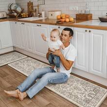 KIMODE Anti Fatigue Kitchen Mats Floor, Boho Floral Kitchen Rugs 17x29.5+17 X47", Cushioned Mats Kitchen Floor, Non Slip Kitchen Floor Mats, Sink, Laundry, Office, Desk Blue Multi E3V1 - 卡其色 - 查看 10