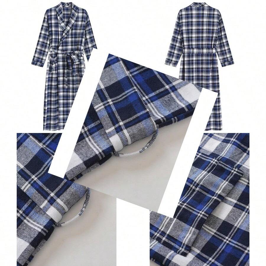 - Albornoz largo de franela de algodón para hombre - Azul - Ver 1