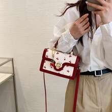 Fashionable High-End Pu Tote Bag With Versatile Square Shape And Cute Cherry Print, Perfect For Shopping, Dating Or Cross-Body For Girls., Kawaii Cherry Elements , Cute - Đỏ - Xem 10