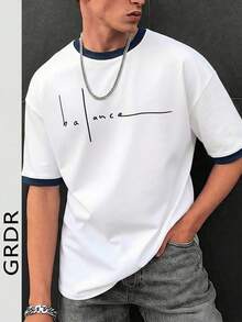GRDR Minimalist Letter Print T-Shirt - Retro Contrast Collar Short Sleeve, Comfortable & Breathable For Summer Wear - White - View 2